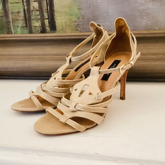 Ann Taylor Holly Gladiator Hight heels Beige Snakeskin 7.5 M Neutral Summer FLAW - Picture 14 of 16